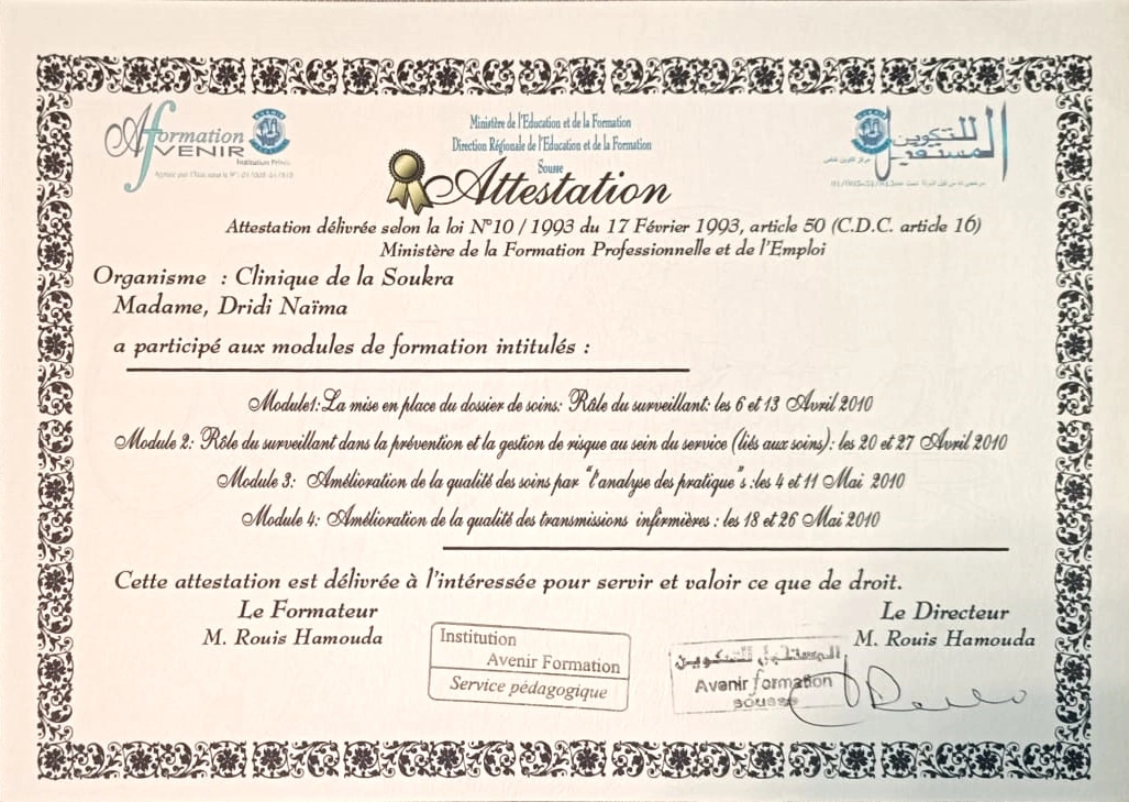 Certification Medical Supervisor Certification Clinique Soukra