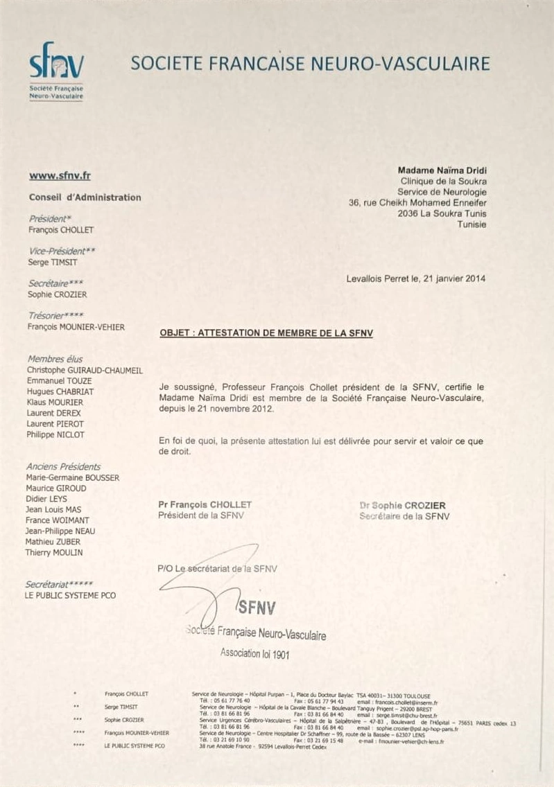Membership Certification of the French Neurovascular Society