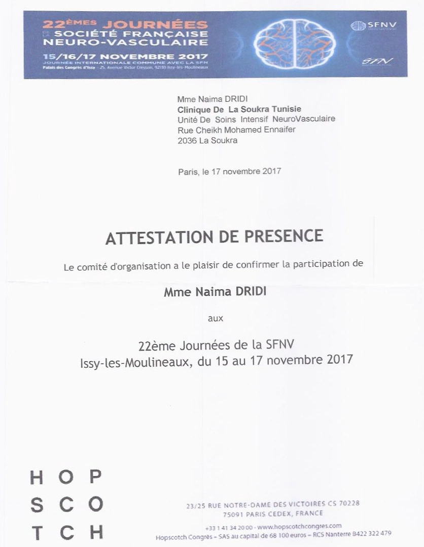 Certification 22nd Edition of the French Neurovascular Society Days