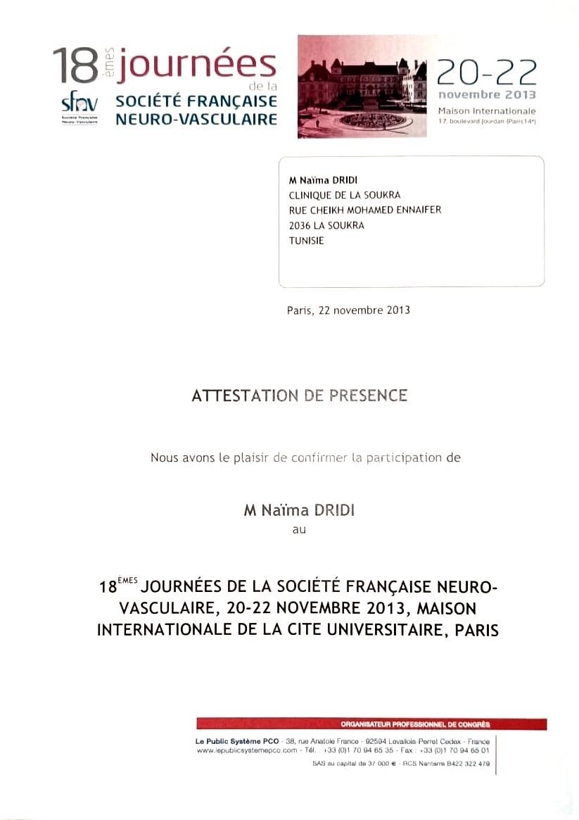Certification 18th Edition of the French Neurovascular Society Days